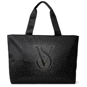 Victoria's Secret Tote Bag Black Shine Bling Rhinestone Logo Carryall Weekender